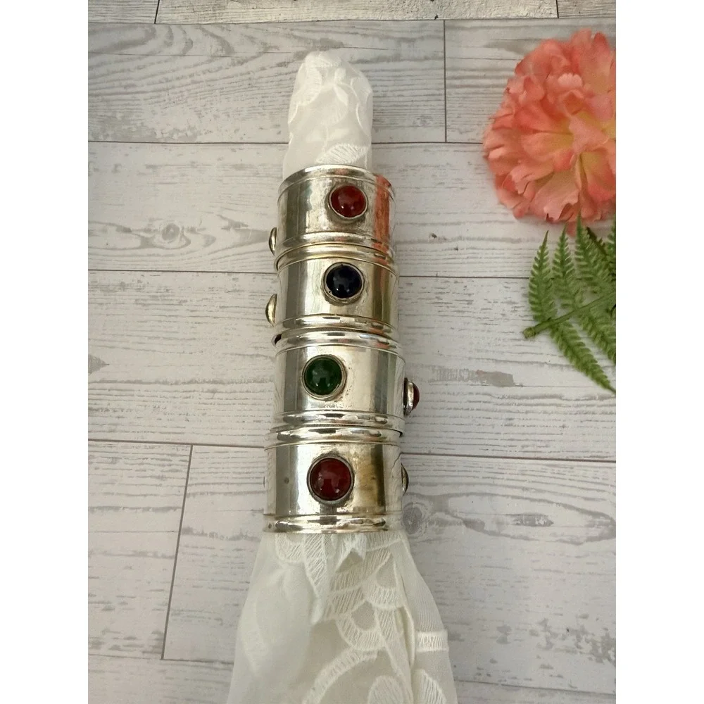 International Silver Co. Silver Plated Napkin Ring Holder w Colored Glass Set 4
